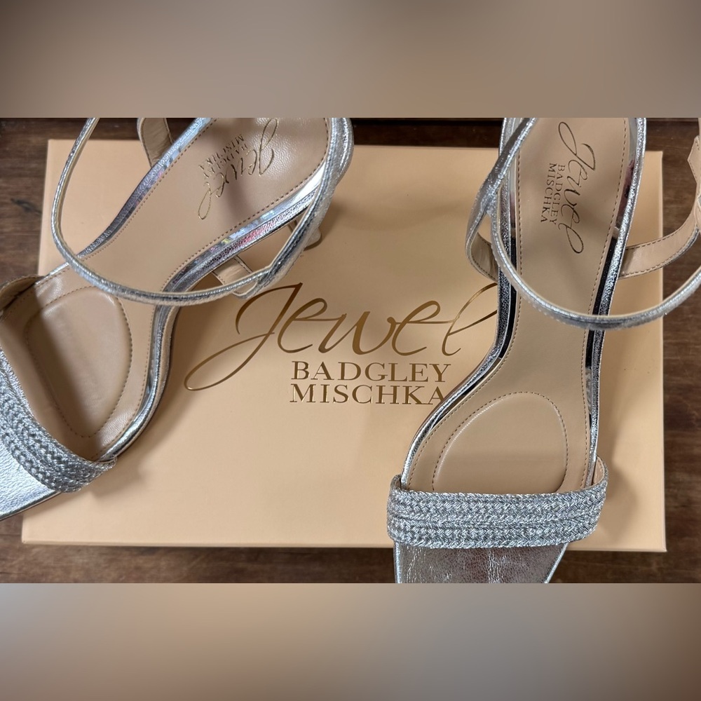 Badgley Mischka Silver Braided-Strap Heeled Sandals